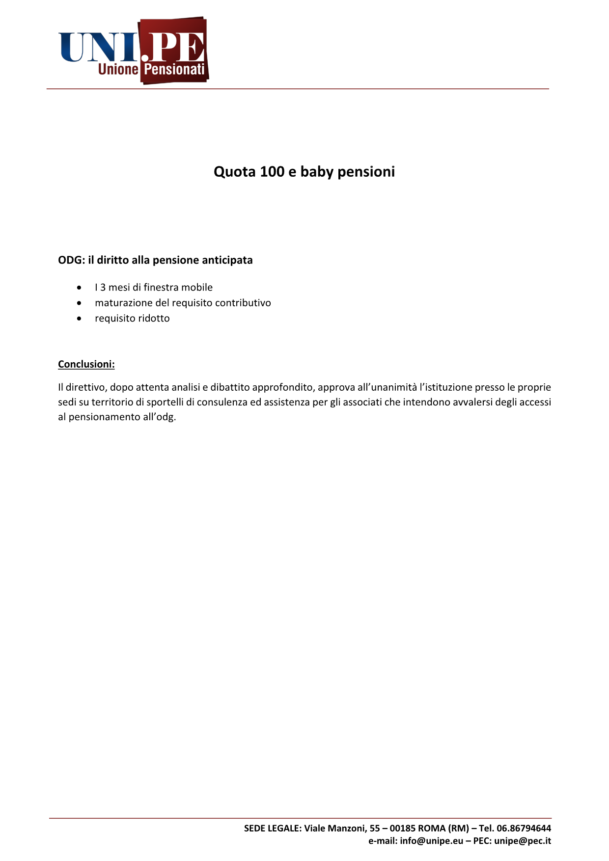 Consiglio UNIPE 2020 - Quota 100 e baby pensioni